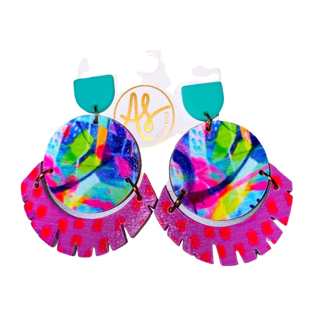 Handmade earrings ht pink, red, turq, lime/green-original artwork wood & Acrylic